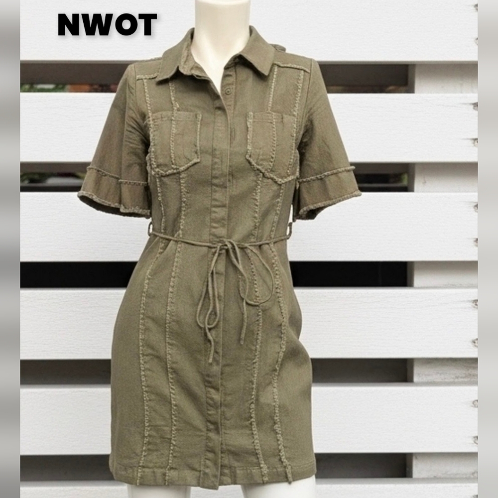 NWOT LENA Olive Utility Shirt Dress with Tie Waist